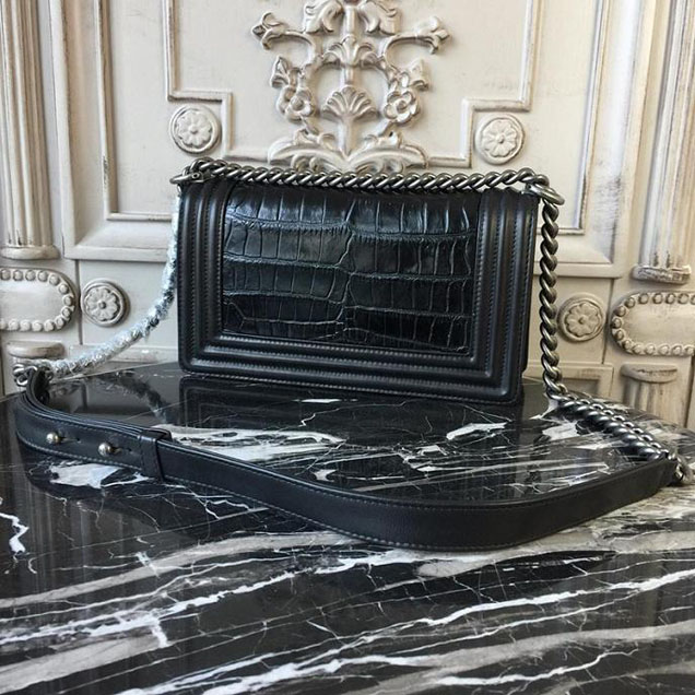 Chanel Boy 25cm Bag Crocodile Pattern and Lambskin Leather Antique Silver Hardware Cruise 2018 Collection Black