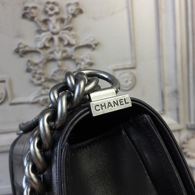 Chanel Boy 25cm Bag Crocodile Pattern and Lambskin Leather Antique Silver Hardware Cruise 2018 Collection Black