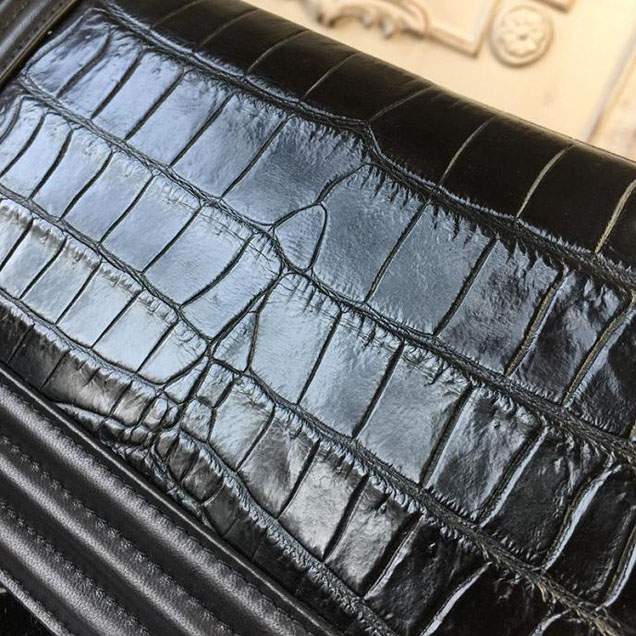Chanel Boy 25cm Bag Crocodile Pattern and Lambskin Leather Antique Silver Hardware Cruise 2018 Collection Black