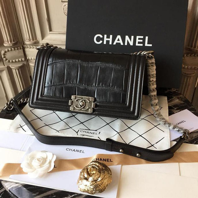 Chanel Boy 25cm Bag Wide Crocodile Pattern and Lambskin Leather Antique Silver Hardware Cruise 2018 Collection Black