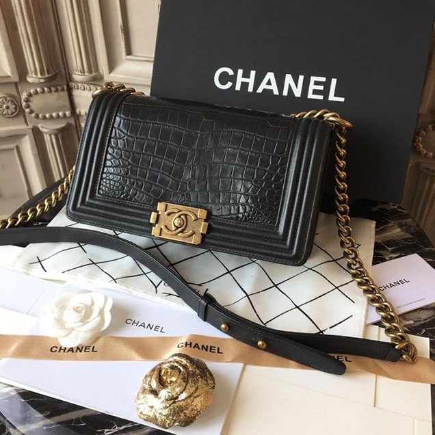 Chanel Boy 25cm Bag Crocodile Pattern and Lambskin Leather Antique Gold Hardware Cruise 2018 Collection Black