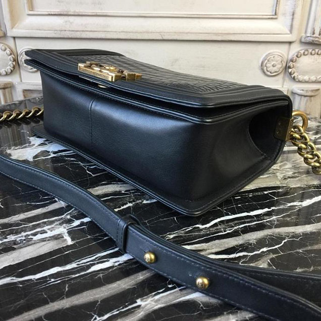 Chanel Boy 25cm Bag Crocodile Pattern and Lambskin Leather Antique Gold Hardware Cruise 2018 Collection Black