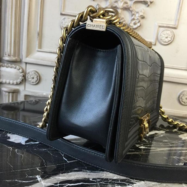 Chanel Boy 25cm Bag Crocodile Pattern and Lambskin Leather Antique Gold Hardware Cruise 2018 Collection Black