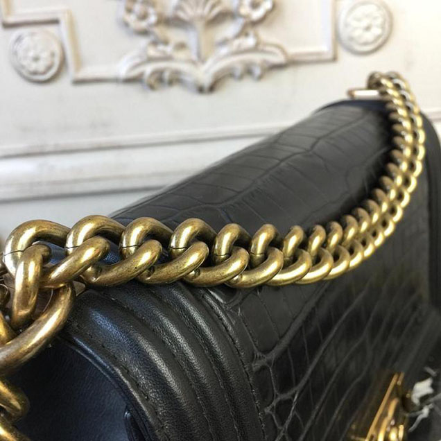 Chanel Boy 25cm Bag Crocodile Pattern and Lambskin Leather Antique Gold Hardware Cruise 2018 Collection Black