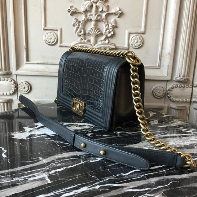 Chanel Boy 25cm Bag Crocodile Pattern and Lambskin Leather Antique Gold Hardware Cruise 2018 Collection Black