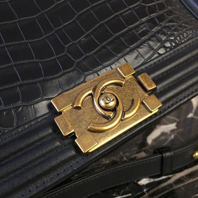 Chanel Boy 25cm Bag Crocodile Pattern and Lambskin Leather Antique Gold Hardware Cruise 2018 Collection Black