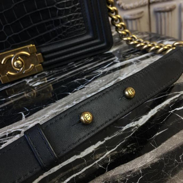 Chanel Boy 25cm Bag Crocodile Pattern and Lambskin Leather Antique Gold Hardware Cruise 2018 Collection Black