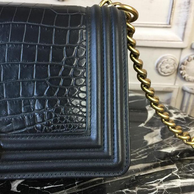 Chanel Boy 25cm Bag Crocodile Pattern and Lambskin Leather Antique Gold Hardware Cruise 2018 Collection Black