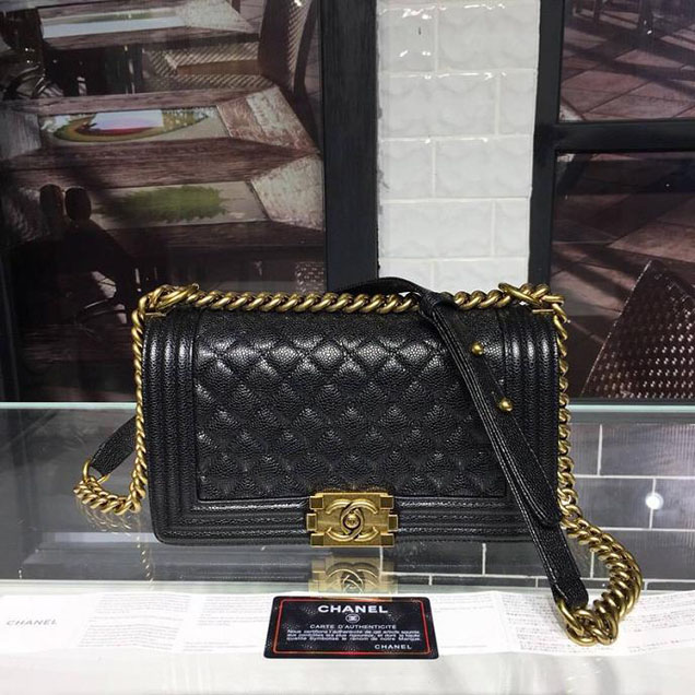 Chanel Boy Bag 25cm Caviar Leather Antique Gold Hardware Cruise 2018 Collection Black