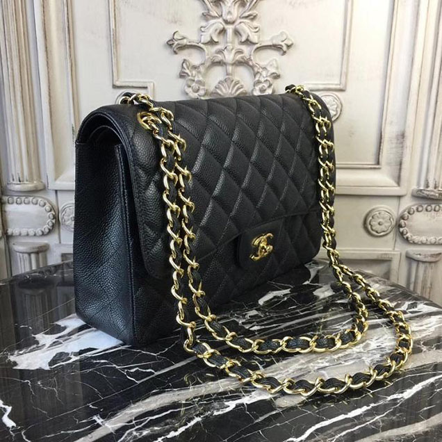 Chanel Classic Flap Bag Large 30cm Caviar Leather Gold Hardware Fall Winter 2017 Act 2 Collection Black