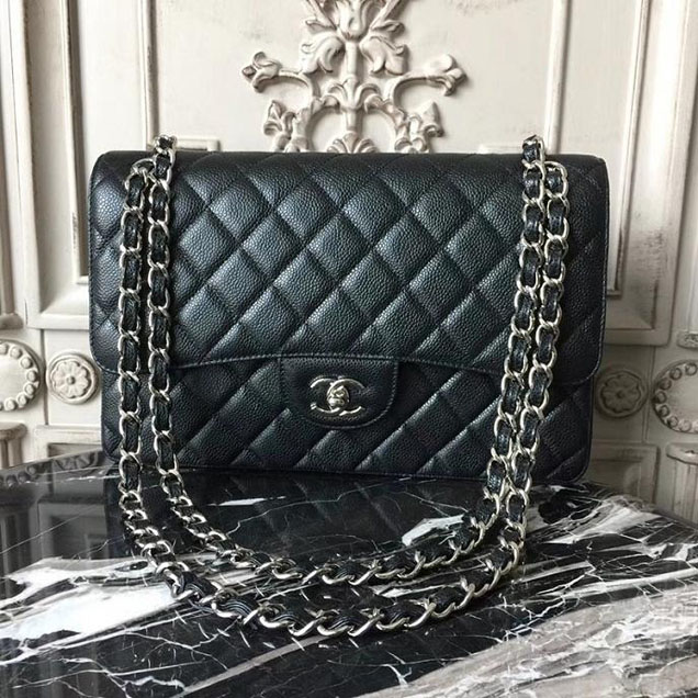 Chanel Classic Flap Bag Large 30cm Caviar Leather Silver Hardware Fall Winter 2017 Act 2 Collection Black
