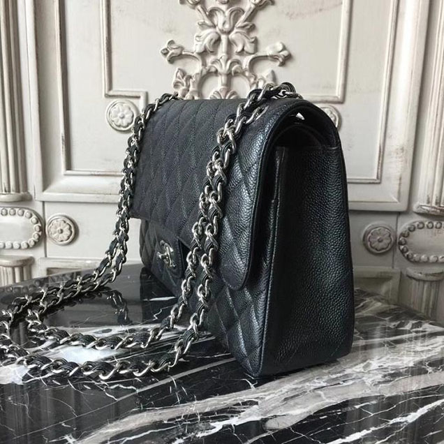 Chanel Classic Flap Bag Large 30cm Caviar Leather Silver Hardware Fall Winter 2017 Act 2 Collection Black