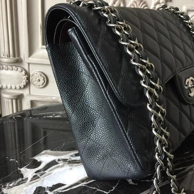 Chanel Classic Flap Bag Large 30cm Caviar Leather Silver Hardware Fall Winter 2017 Act 2 Collection Black