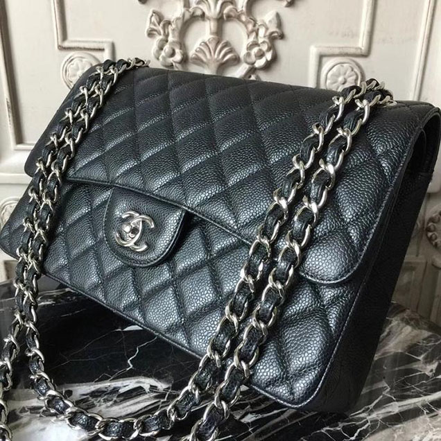 Chanel Classic Flap Bag Large 30cm Caviar Leather Silver Hardware Fall Winter 2017 Act 2 Collection Black