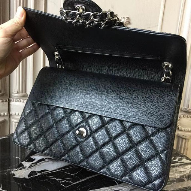 Chanel Classic Flap Bag Large 30cm Caviar Leather Silver Hardware Fall Winter 2017 Act 2 Collection Black