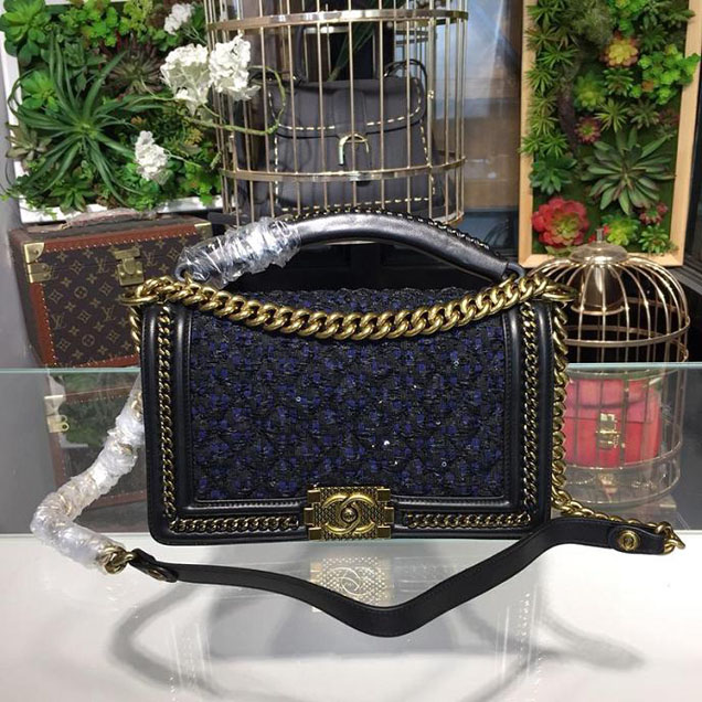 Chanel Chain Handle Bag 25cm Tweed with Sequins Lambskin Leather Antique Gold Hardware Fall Winter Act 2 Collection Black Navy