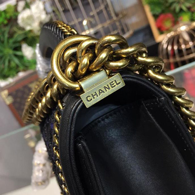 Chanel Chain Handle Bag 25cm Tweed with Sequins Lambskin Leather Antique Gold Hardware Fall Winter Act 2 Collection Black Navy