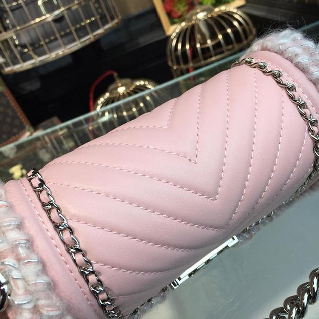 Chanel Chevron Braid Around Chain Flap Bag 20cm Tweed Lambskin Leather Silver Hardware Fall Winter Act 2 Collection Light Pink