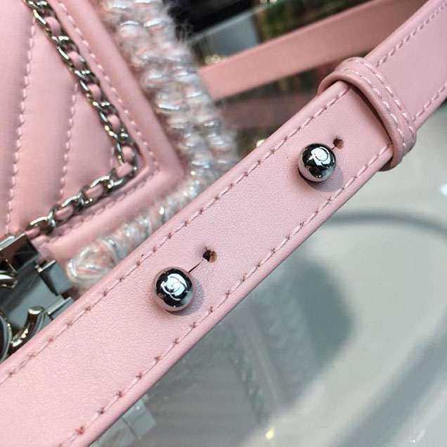 Chanel Chevron Braid Around Chain Flap Bag 20cm Tweed Lambskin Leather Silver Hardware Fall Winter Act 2 Collection Light Pink