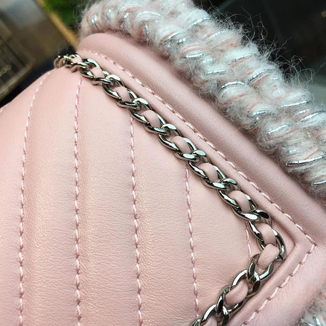 Chanel Chevron Braid Around Chain Flap Bag 20cm Tweed Lambskin Leather Silver Hardware Fall Winter Act 2 Collection Light Pink