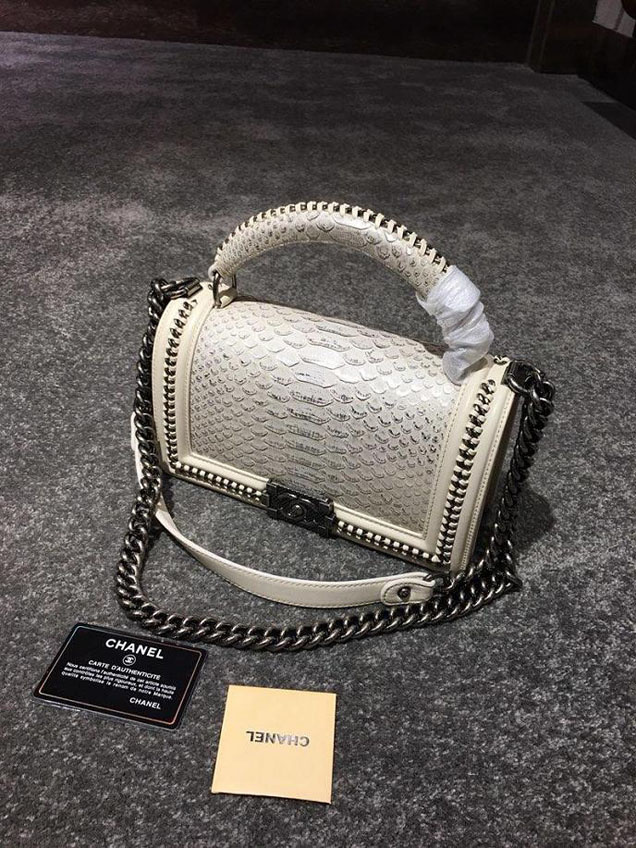 Chanel Chain Handle Bag 25cm Python Skin Leather Antique Gold Hardware Fall Winter Act 2 Collection Cream