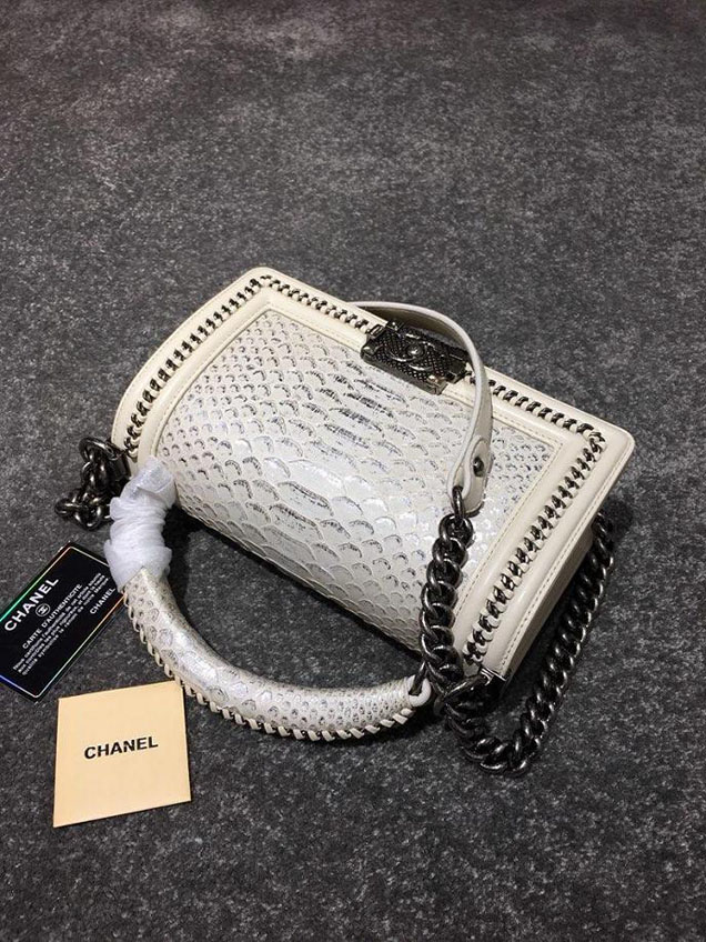 Chanel Chain Handle Bag 25cm Python Skin Leather Antique Gold Hardware Fall Winter Act 2 Collection Cream