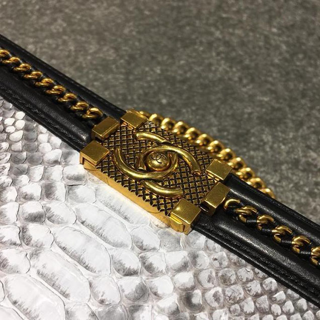 Chanel Chain Handle Bag 25cm Python Skin Leather Antique Gold Hardware Fall Winter Act 2 Collection White Black