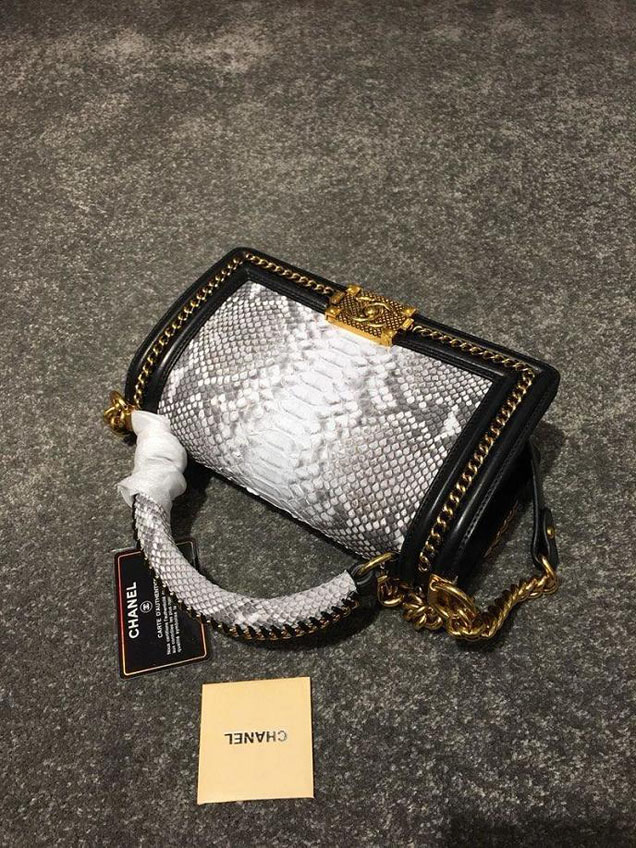 Chanel Chain Handle Bag 25cm Python Skin Leather Antique Gold Hardware Fall Winter Act 2 Collection White Black