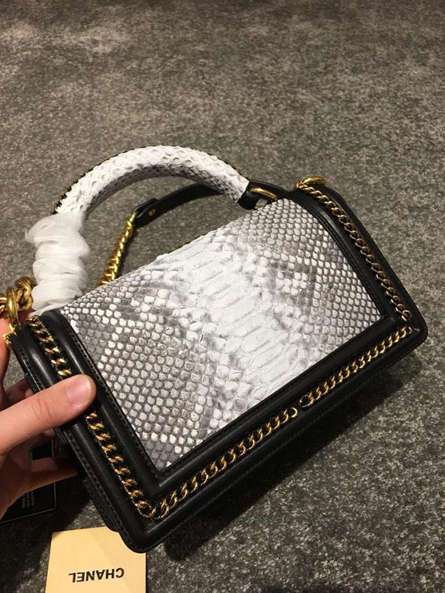 Chanel Chain Handle Bag 25cm Python Skin Leather Antique Gold Hardware Fall Winter Act 2 Collection White Black