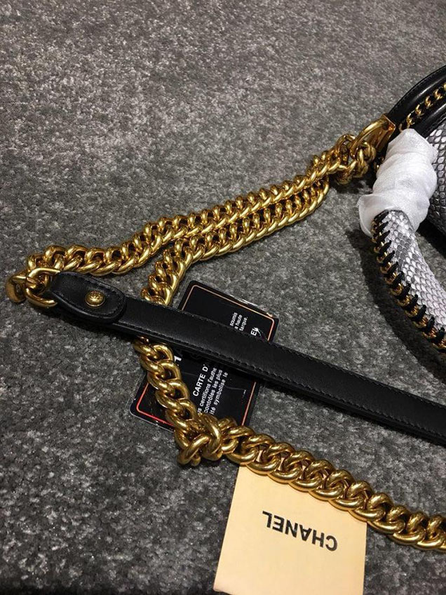 Chanel Chain Handle Bag 25cm Python Skin Leather Antique Gold Hardware Fall Winter Act 2 Collection White Black