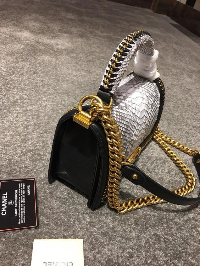 Chanel Chain Handle Bag 25cm Python Skin Leather Antique Gold Hardware Fall Winter Act 2 Collection White Black