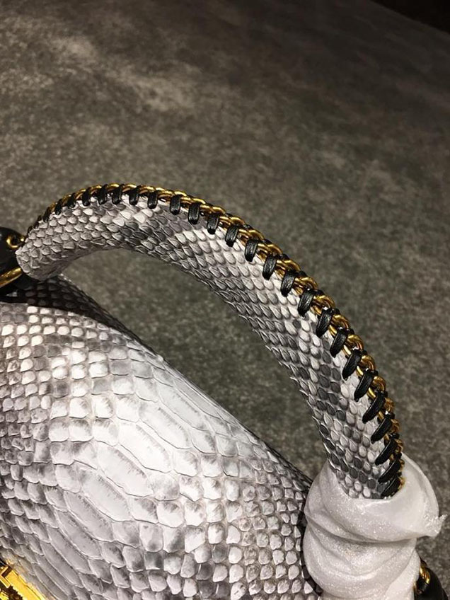 Chanel Chain Handle Bag 25cm Python Skin Leather Antique Gold Hardware Fall Winter Act 2 Collection White Black