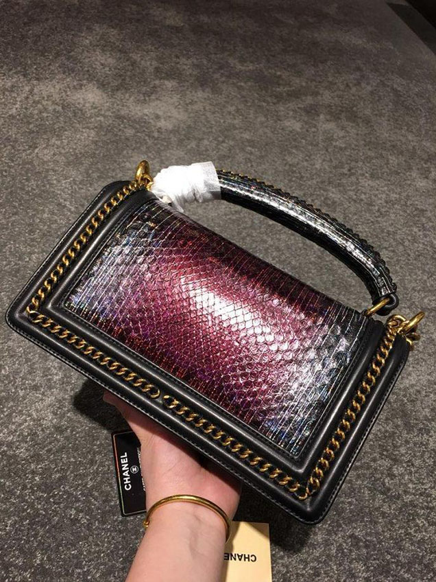 Chanel Chain Handle Bag 25cm Python Skin Leather Antique Gold Hardware Fall Winter Act 2 Collection Black Berry
