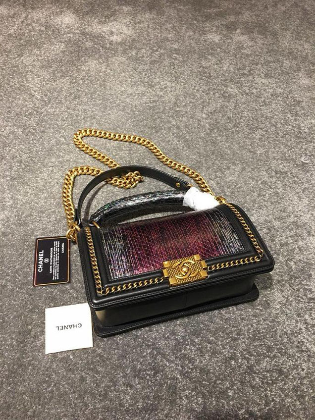Chanel Chain Handle Bag 25cm Python Skin Leather Antique Gold Hardware Fall Winter Act 2 Collection Black Berry