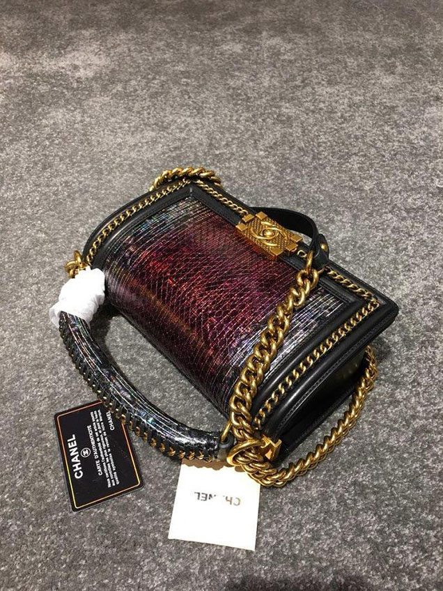 Chanel Chain Handle Bag 25cm Python Skin Leather Antique Gold Hardware Fall Winter Act 2 Collection Black Berry