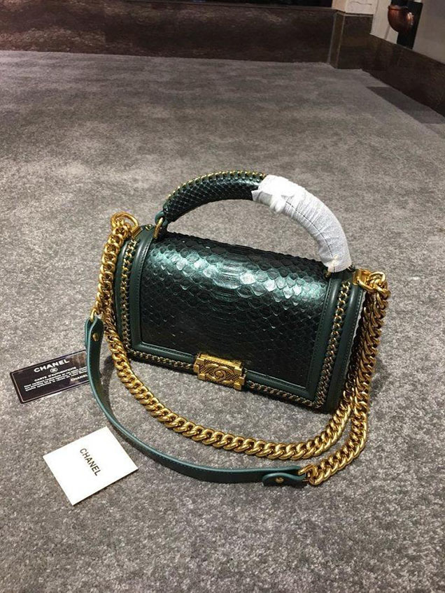 Chanel Chain Handle Bag 25cm Python Skin Leather Antique Gold Hardware Fall Winter Act 2 Collection Emerald Green