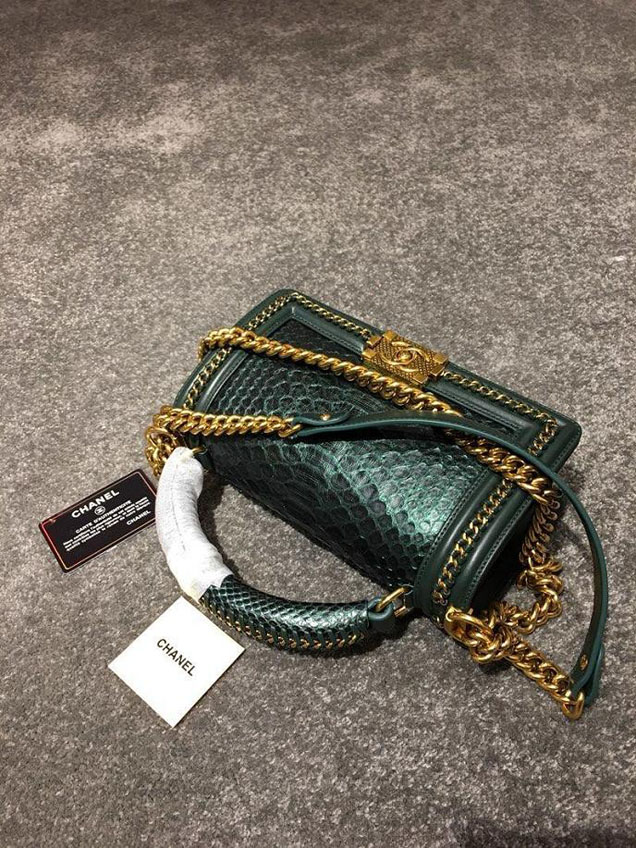 Chanel Chain Handle Bag 25cm Python Skin Leather Antique Gold Hardware Fall Winter Act 2 Collection Emerald Green