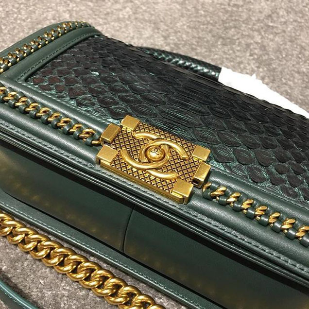 Chanel Chain Handle Bag 25cm Python Skin Leather Antique Gold Hardware Fall Winter Act 2 Collection Emerald Green