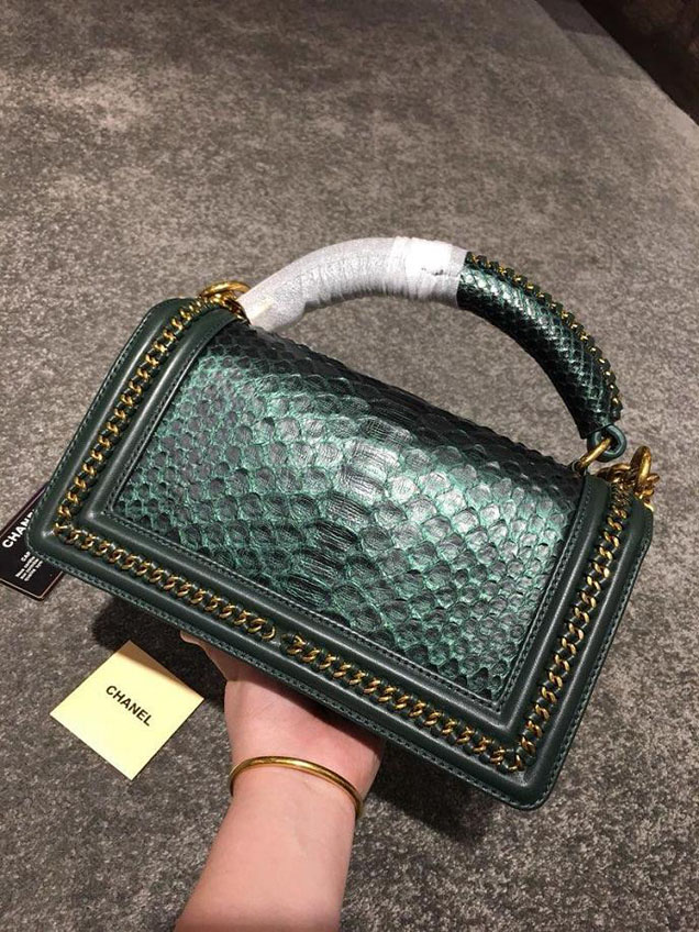 Chanel Chain Handle Bag 25cm Python Skin Leather Antique Gold Hardware Fall Winter Act 2 Collection Emerald Green