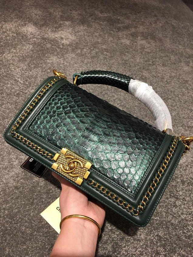 Chanel Chain Handle Bag 25cm Python Skin Leather Antique Gold Hardware Fall Winter Act 2 Collection Emerald Green
