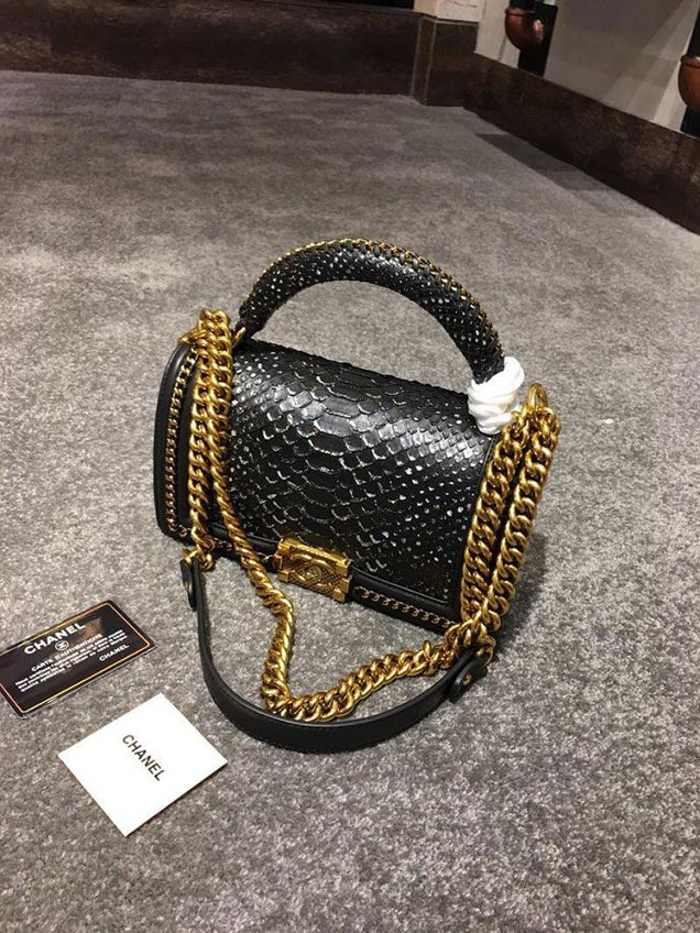 Chanel Chain Handle Bag 25cm Python Skin Leather Antique Gold Hardware Fall Winter Act 2 Collection Black White