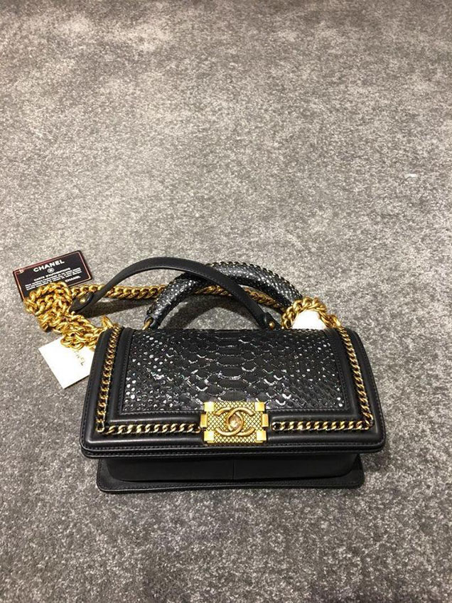 Chanel Chain Handle Bag 25cm Python Skin Leather Antique Gold Hardware Fall Winter Act 2 Collection Black White