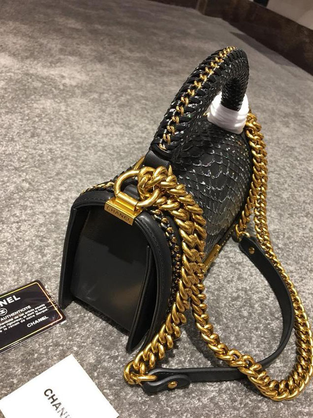 Chanel Chain Handle Bag 25cm Python Skin Leather Antique Gold Hardware Fall Winter Act 2 Collection Black White