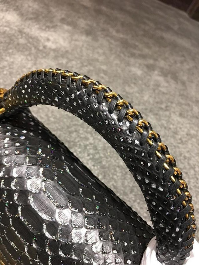 Chanel Chain Handle Bag 25cm Python Skin Leather Antique Gold Hardware Fall Winter Act 2 Collection Black White
