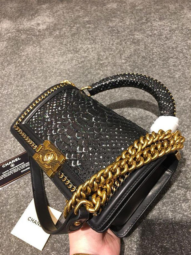 Chanel Chain Handle Bag 25cm Python Skin Leather Antique Gold Hardware Fall Winter Act 2 Collection Black White
