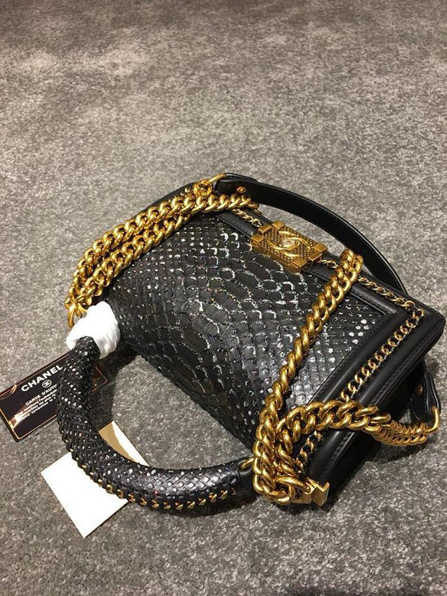 Chanel Chain Handle Bag 25cm Python Skin Leather Antique Gold Hardware Fall Winter Act 2 Collection Black White