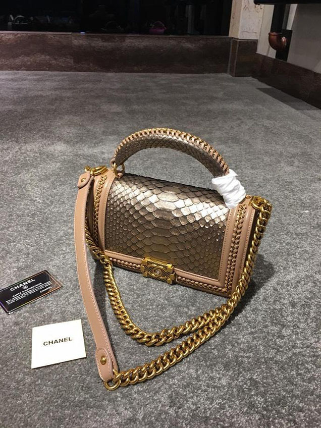 Chanel Chain Handle Bag 25cm Python Skin Leather Antique Gold Hardware Fall Winter Act 2 Collection Taupe Gold