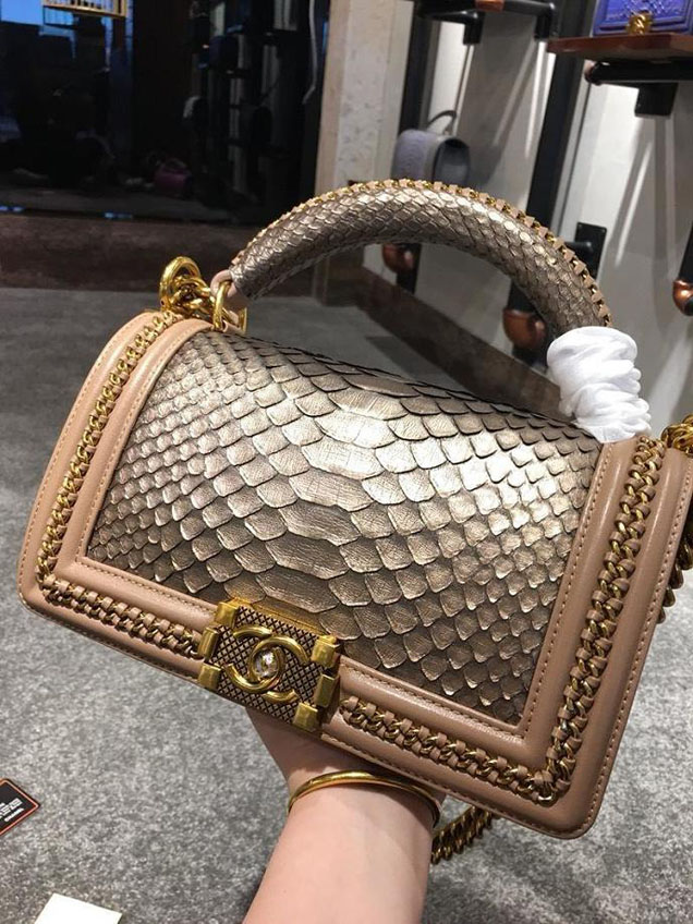 Chanel Chain Handle Bag 25cm Python Skin Leather Antique Gold Hardware Fall Winter Act 2 Collection Taupe Gold