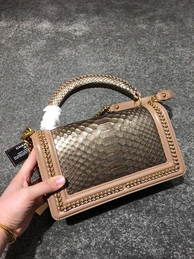 Chanel Chain Handle Bag 25cm Python Skin Leather Antique Gold Hardware Fall Winter Act 2 Collection Taupe Gold