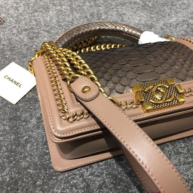 Chanel Chain Handle Bag 25cm Python Skin Leather Antique Gold Hardware Fall Winter Act 2 Collection Taupe Gold